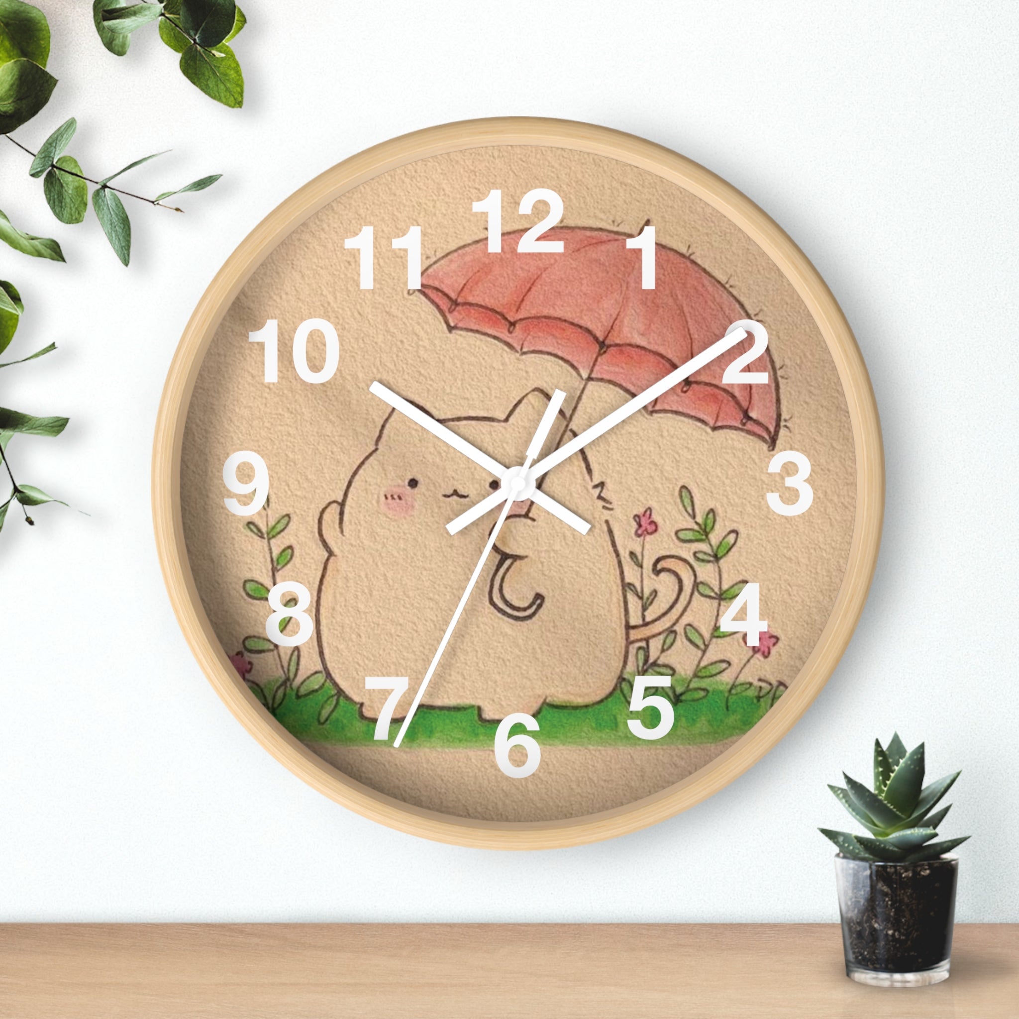 Cat with Umbrella Wall Clock