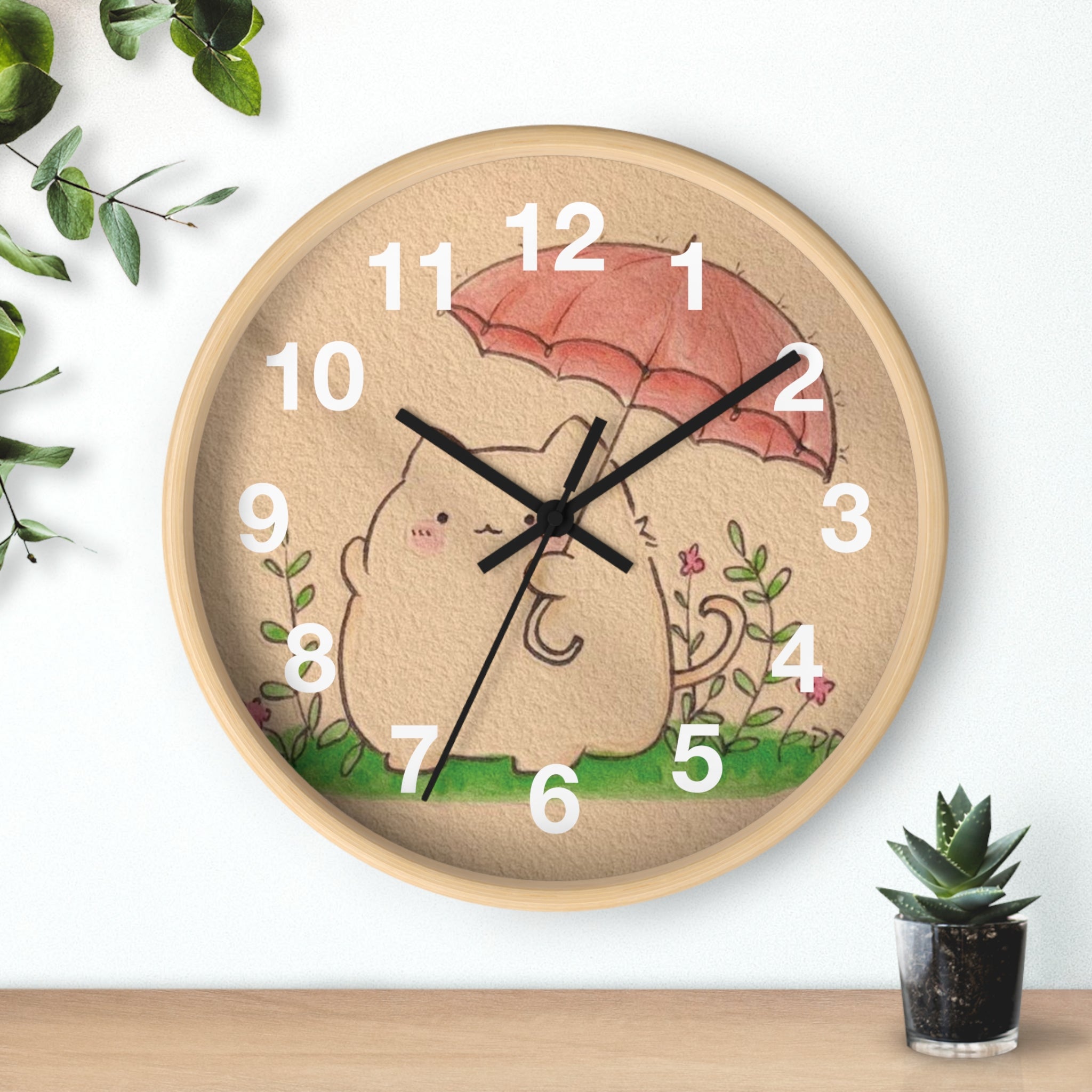 Cat with Umbrella Wall Clock